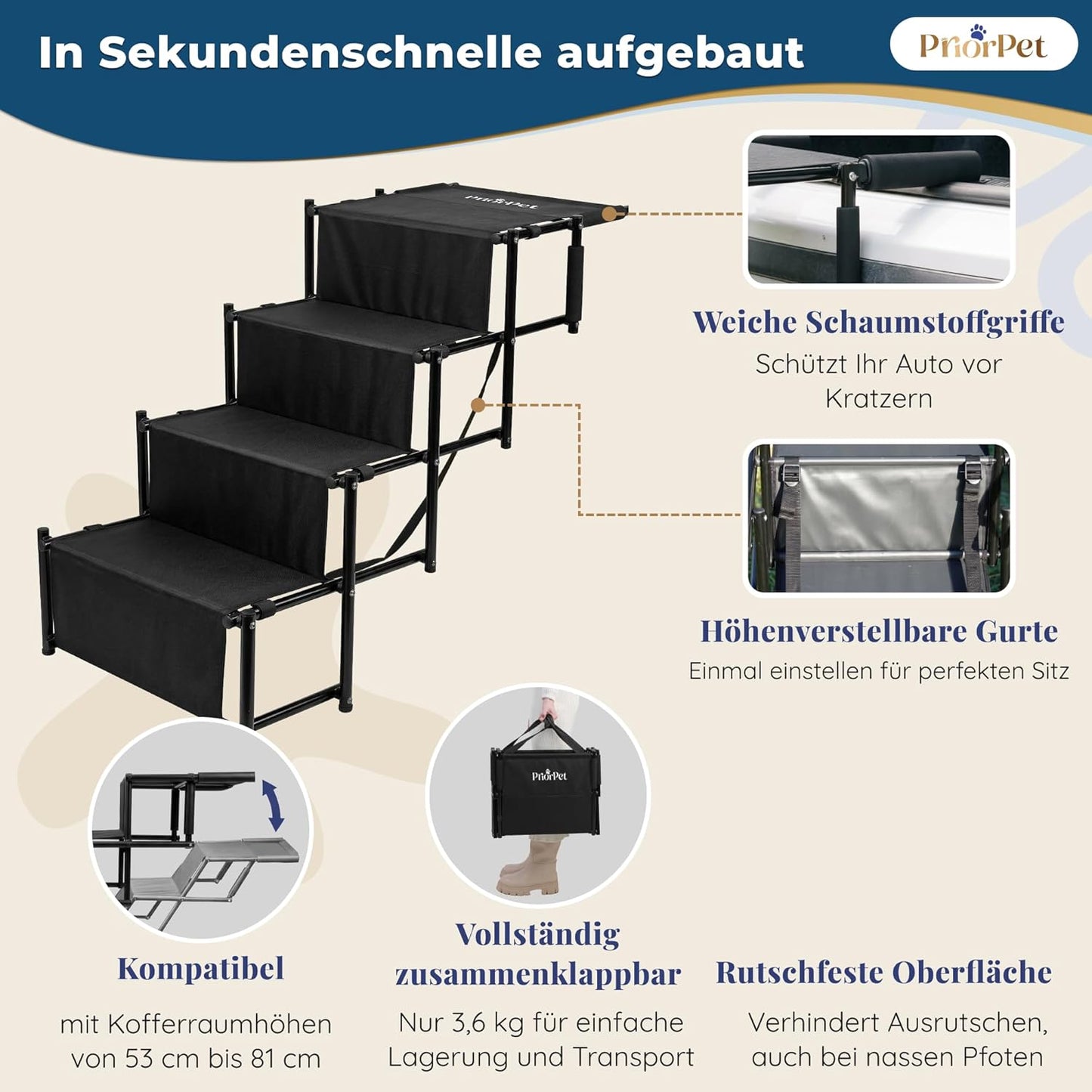 Klappbare Hundetreppe fürs Auto – 53–81 cm, bis 65 kg