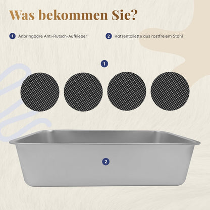 Bac à litière pour chat en acier inoxydable XXL–Facile à nettoyer, résistant aux odeurs–Bac à litière pour chat en acier–60 x 40 x 15 cm–Revêtement antiadhésif–Convient aux grands et petits chats, lapins
