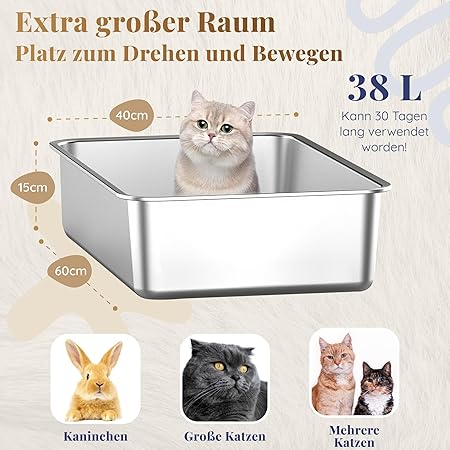 Bac à litière pour chat en acier inoxydable XXL–Facile à nettoyer, résistant aux odeurs–Bac à litière pour chat en acier–60 x 40 x 15 cm–Revêtement antiadhésif–Convient aux grands et petits chats, lapins