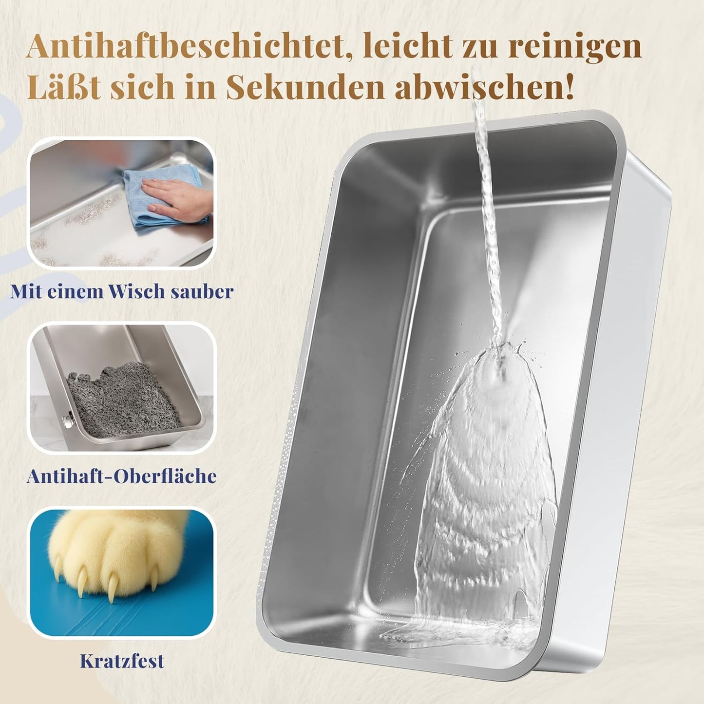Bac à litière pour chat en acier inoxydable XXL–Facile à nettoyer, résistant aux odeurs–Bac à litière pour chat en acier–60 x 40 x 15 cm–Revêtement antiadhésif–Convient aux grands et petits chats, lapins