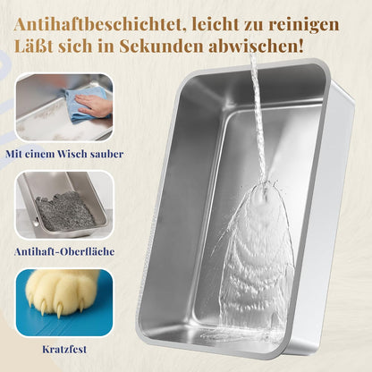 Bac à litière pour chat en acier inoxydable XXL–Facile à nettoyer, résistant aux odeurs–Bac à litière pour chat en acier–60 x 40 x 15 cm–Revêtement antiadhésif–Convient aux grands et petits chats, lapins