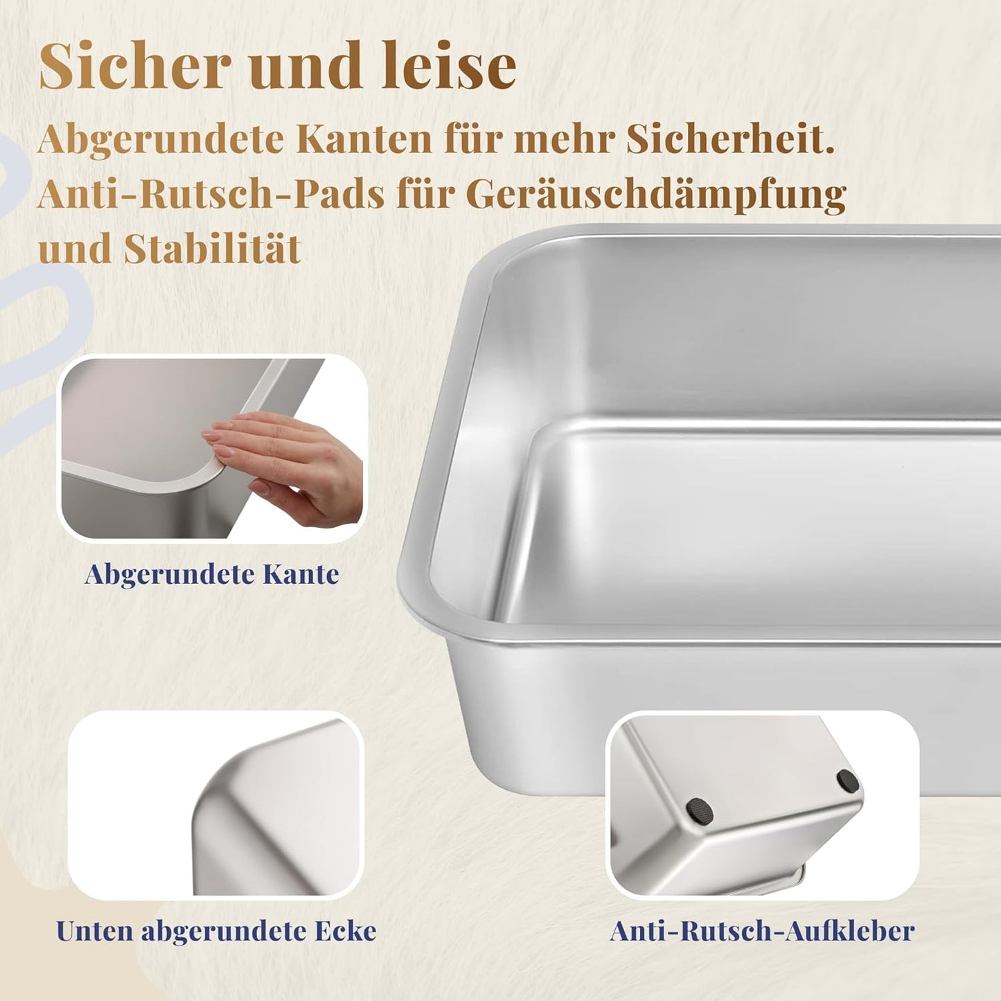Bac à litière pour chat en acier inoxydable XXL–Facile à nettoyer, résistant aux odeurs–Bac à litière pour chat en acier–60 x 40 x 15 cm–Revêtement antiadhésif–Convient aux grands et petits chats, lapins