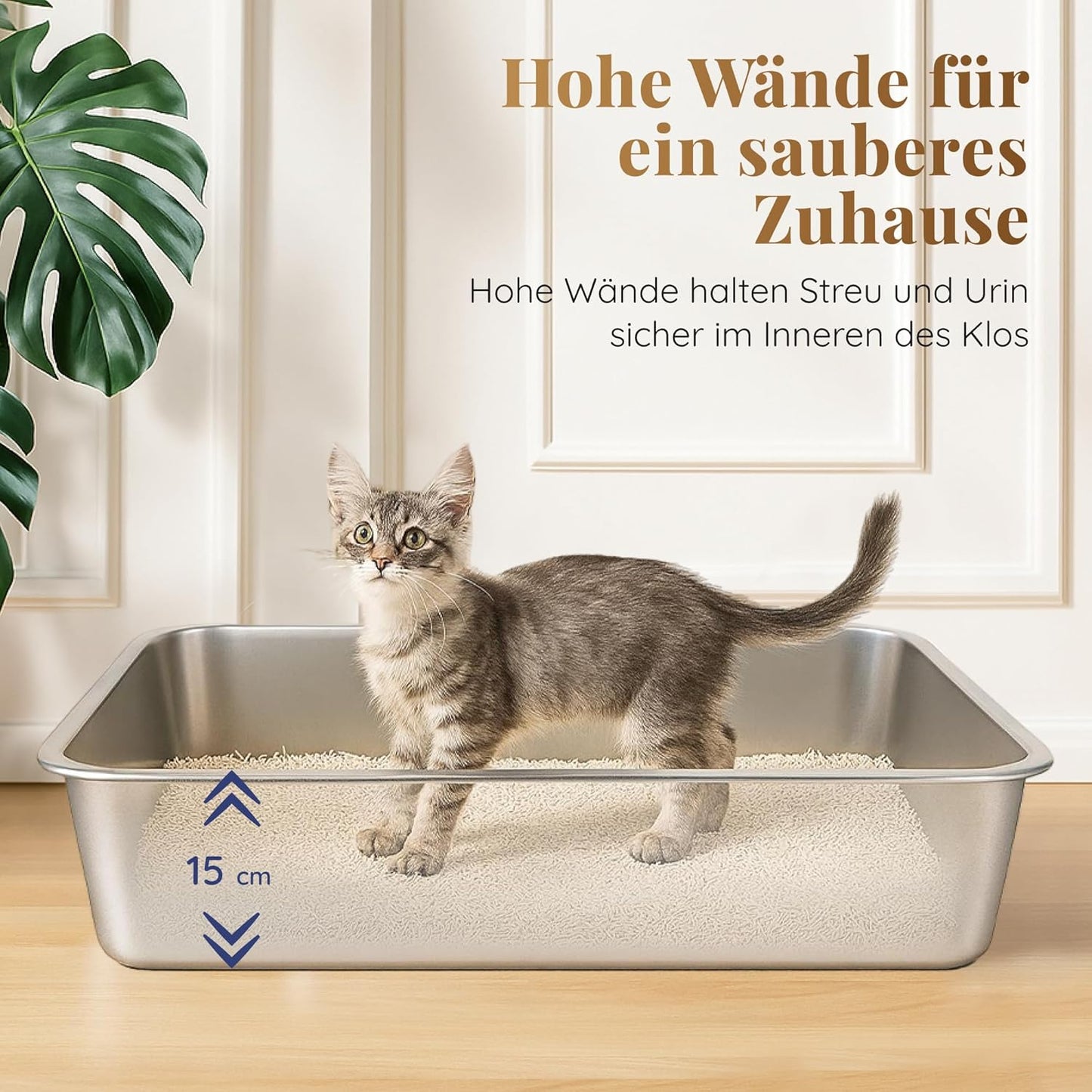 Bac à litière pour chat en acier inoxydable XXL–Facile à nettoyer, résistant aux odeurs–Bac à litière pour chat en acier–60 x 40 x 15 cm–Revêtement antiadhésif–Convient aux grands et petits chats, lapins