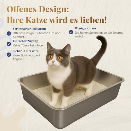 Bac à litière pour chat en acier inoxydable XXL–Facile à nettoyer, résistant aux odeurs–Bac à litière pour chat en acier–60 x 40 x 15 cm–Revêtement antiadhésif–Convient aux grands et petits chats, lapins