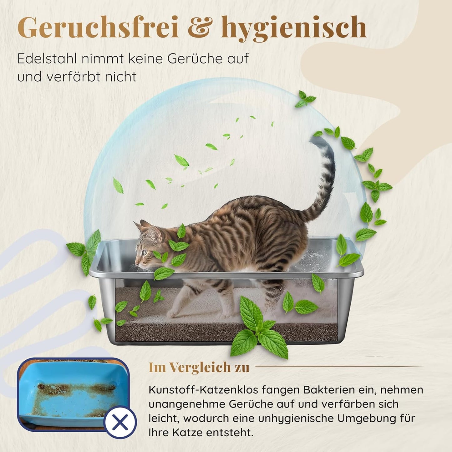 Bac à litière pour chat en acier inoxydable XXL–Facile à nettoyer, résistant aux odeurs–Bac à litière pour chat en acier–60 x 40 x 15 cm–Revêtement antiadhésif–Convient aux grands et petits chats, lapins