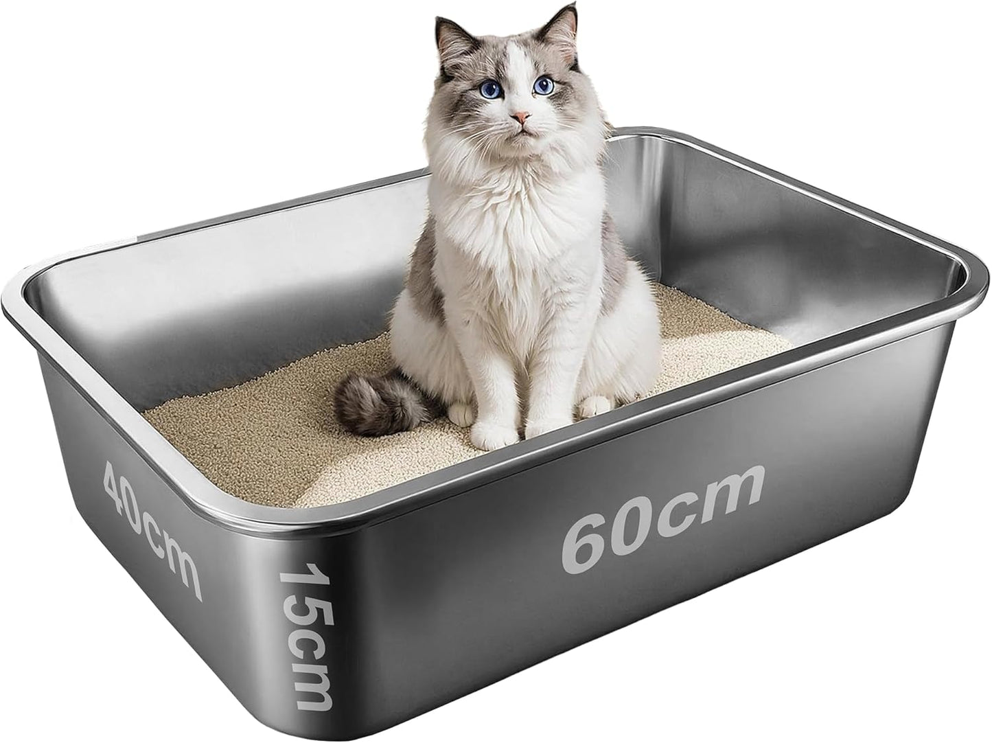 Bac à litière pour chat en acier inoxydable XXL–Facile à nettoyer, résistant aux odeurs–Bac à litière pour chat en acier–60 x 40 x 15 cm–Revêtement antiadhésif–Convient aux grands et petits chats, lapins
