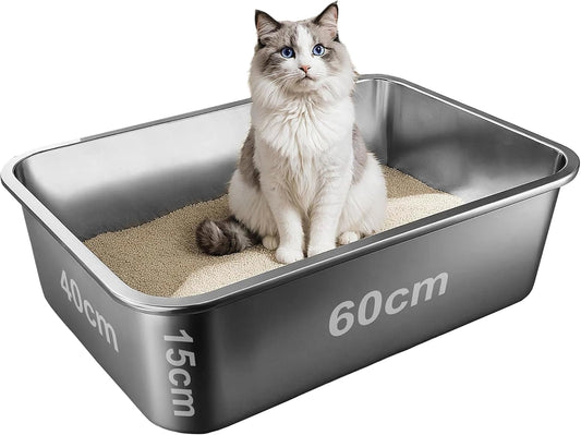 Katzenklo Edelstahl Wanne XXL – Leicht zu Reinigen, Geruchsresistent – Katzentoilette Stahl – 60x40x15cm – Antihaftbeschichtet – Geeignet Für Große und Kleine Katzen, Kaninchen