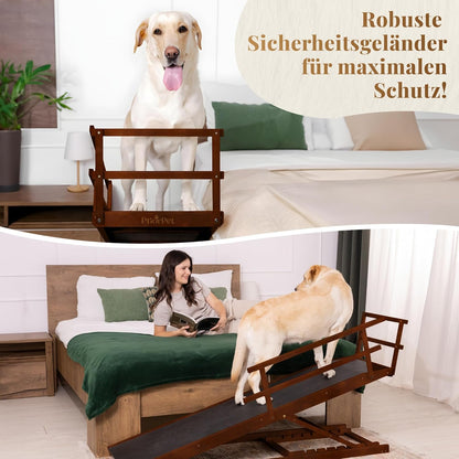 Hunderampe Bett mit Sicherheitsgeländer - Für Große Hunde bis zu 90 kg - Höhenverstellbare hundetreppe für Betten bis zu 94.5cm - Breite 49,5 cm - Klappbar - Anti-Rutsch-Griff - Birkenholz