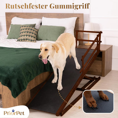 Hunderampe Bett mit Sicherheitsgeländer - Für Große Hunde bis zu 90 kg - Höhenverstellbare hundetreppe für Betten bis zu 94.5cm - Breite 49,5 cm - Klappbar - Anti-Rutsch-Griff - Birkenholz