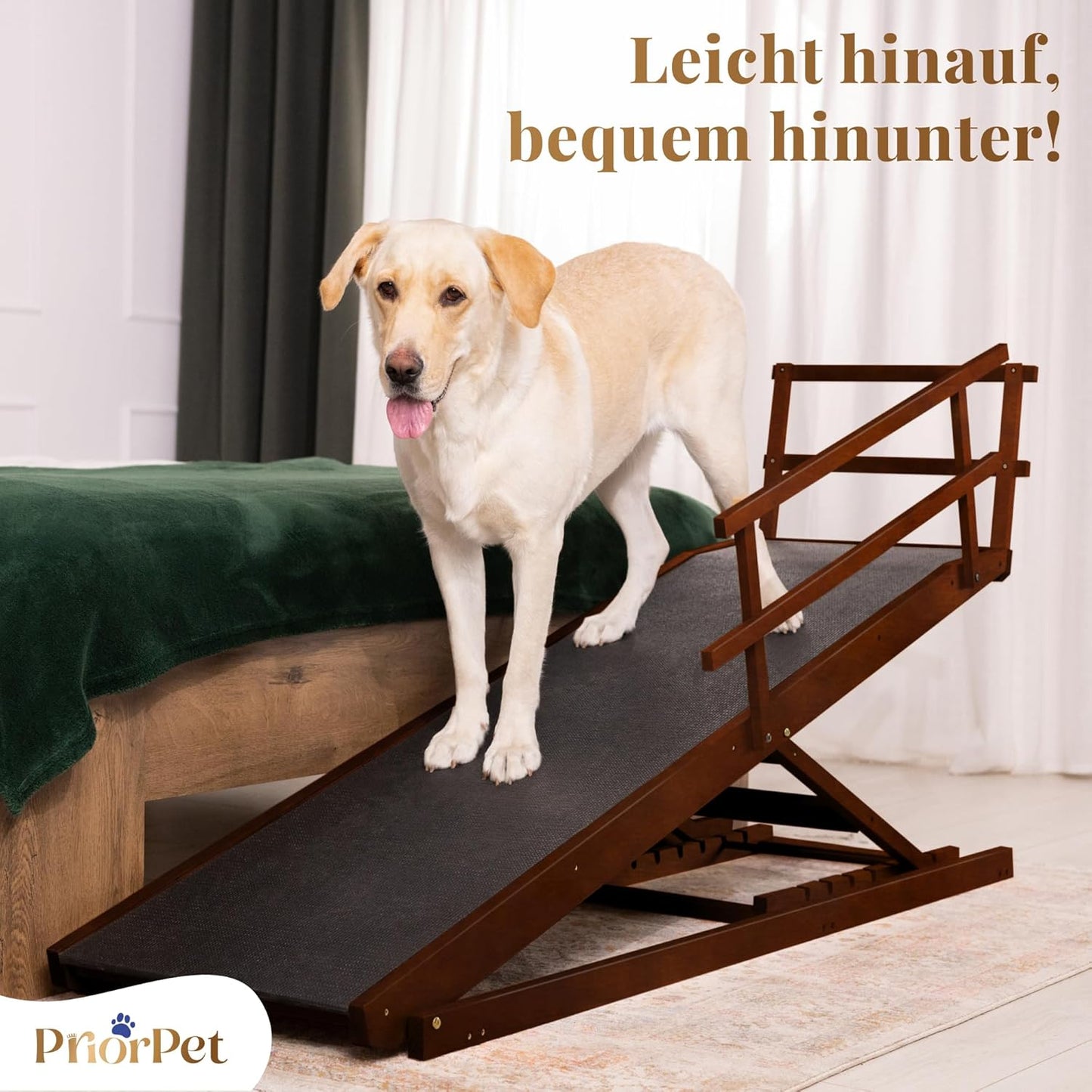 Hunderampe Bett mit Sicherheitsgeländer - Für Große Hunde bis zu 90 kg - Höhenverstellbare hundetreppe für Betten bis zu 94.5cm - Breite 49,5 cm - Klappbar - Anti-Rutsch-Griff - Birkenholz