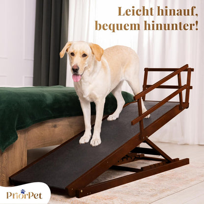 Hunderampe Bett mit Sicherheitsgeländer - Für Große Hunde bis zu 90 kg - Höhenverstellbare hundetreppe für Betten bis zu 94.5cm - Breite 49,5 cm - Klappbar - Anti-Rutsch-Griff - Birkenholz