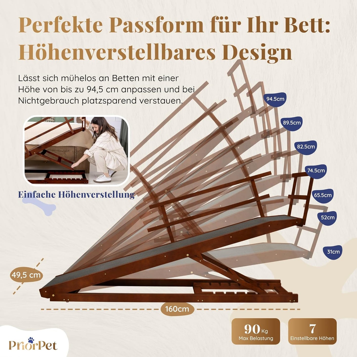 Hunderampe Bett mit Sicherheitsgeländer - Für Große Hunde bis zu 90 kg - Höhenverstellbare hundetreppe für Betten bis zu 94.5cm - Breite 49,5 cm - Klappbar - Anti-Rutsch-Griff - Birkenholz
