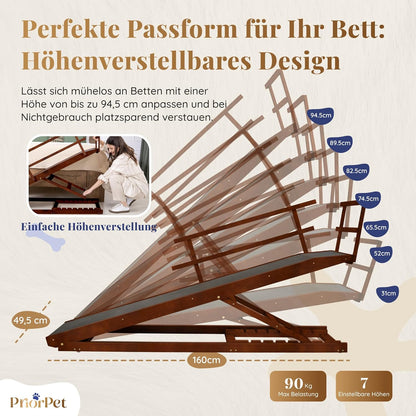 Hunderampe Bett mit Sicherheitsgeländer - Für Große Hunde bis zu 90 kg - Höhenverstellbare hundetreppe für Betten bis zu 94.5cm - Breite 49,5 cm - Klappbar - Anti-Rutsch-Griff - Birkenholz