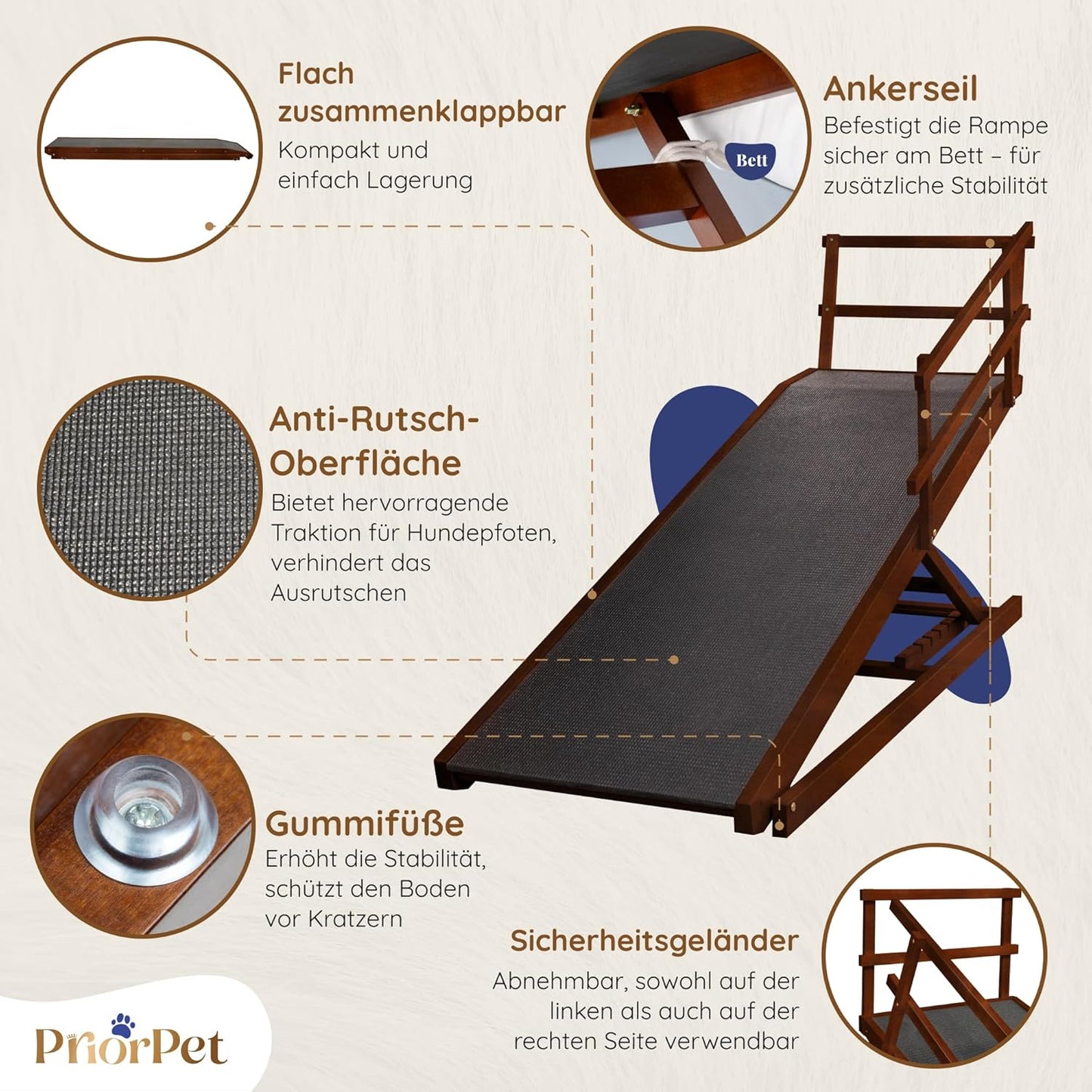 Hunderampe Bett mit Sicherheitsgeländer - Für Große Hunde bis zu 90 kg - Höhenverstellbare hundetreppe für Betten bis zu 94.5cm - Breite 49,5 cm - Klappbar - Anti-Rutsch-Griff - Birkenholz