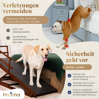 Hunderampe Bett mit Sicherheitsgeländer - Für Große Hunde bis zu 90 kg - Höhenverstellbare hundetreppe für Betten bis zu 94.5cm - Breite 49,5 cm - Klappbar - Anti-Rutsch-Griff - Birkenholz