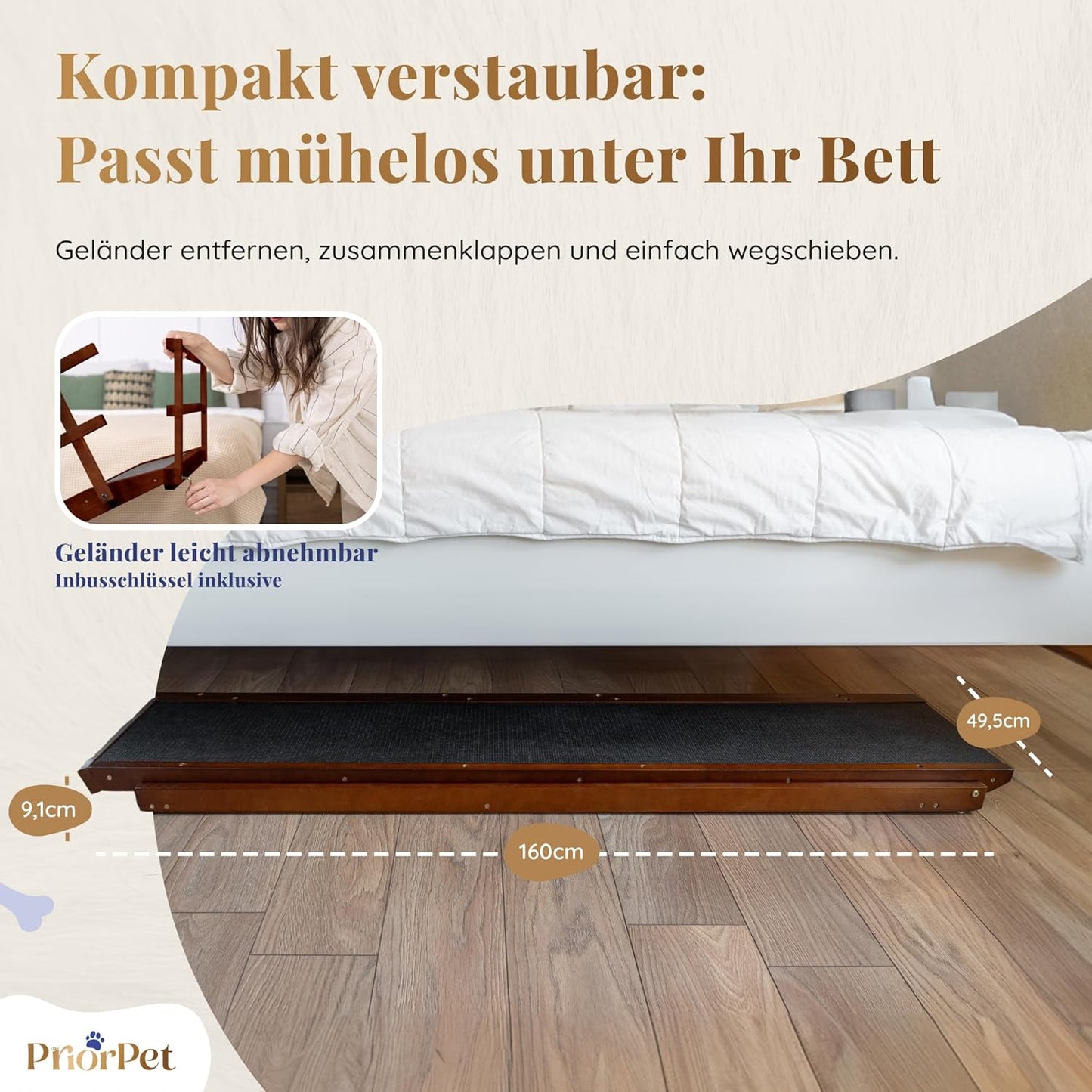 Hunderampe Bett mit Sicherheitsgeländer - Für Große Hunde bis zu 90 kg - Höhenverstellbare hundetreppe für Betten bis zu 94.5cm - Breite 49,5 cm - Klappbar - Anti-Rutsch-Griff - Birkenholz