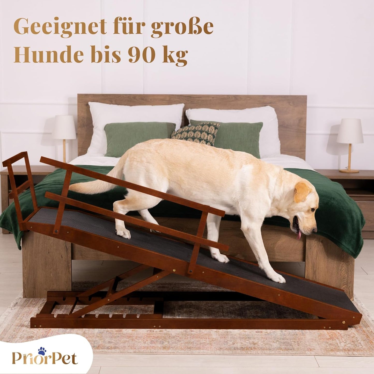 Hunderampe Bett mit Sicherheitsgeländer - Für Große Hunde bis zu 90 kg - Höhenverstellbare hundetreppe für Betten bis zu 94.5cm - Breite 49,5 cm - Klappbar - Anti-Rutsch-Griff - Birkenholz