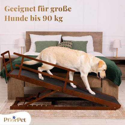 Hunderampe Bett mit Sicherheitsgeländer - Für Große Hunde bis zu 90 kg - Höhenverstellbare hundetreppe für Betten bis zu 94.5cm - Breite 49,5 cm - Klappbar - Anti-Rutsch-Griff - Birkenholz