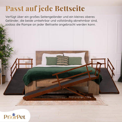 Hunderampe Bett mit Sicherheitsgeländer - Für Große Hunde bis zu 90 kg - Höhenverstellbare hundetreppe für Betten bis zu 94.5cm - Breite 49,5 cm - Klappbar - Anti-Rutsch-Griff - Birkenholz