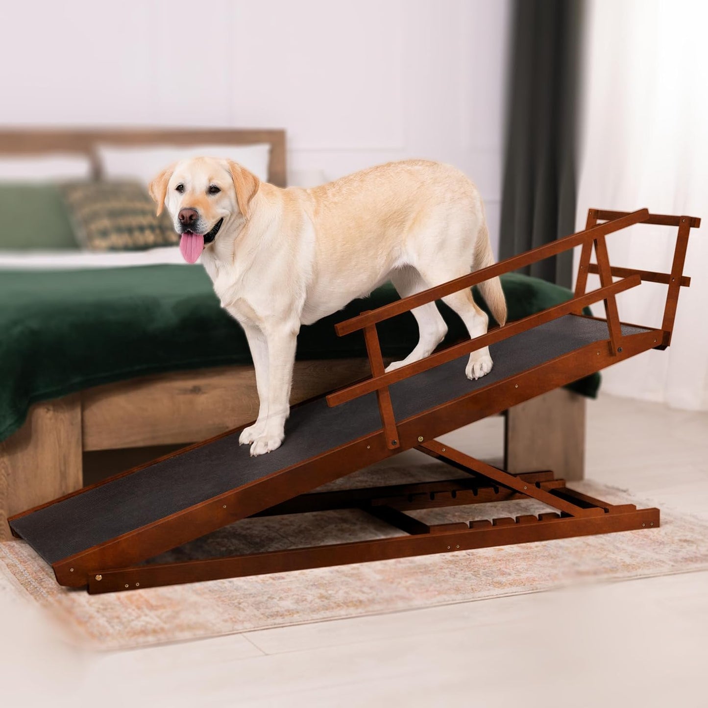 Hunderampe Bett mit Sicherheitsgeländer - Für Große Hunde bis zu 90 kg - Höhenverstellbare hundetreppe für Betten bis zu 94.5cm - Breite 49,5 cm - Klappbar - Anti-Rutsch-Griff - Birkenholz