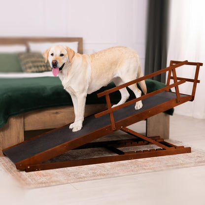 Hunderampe Bett mit Sicherheitsgeländer - Für Große Hunde bis zu 90 kg - Höhenverstellbare hundetreppe für Betten bis zu 94.5cm - Breite 49,5 cm - Klappbar - Anti-Rutsch-Griff - Birkenholz