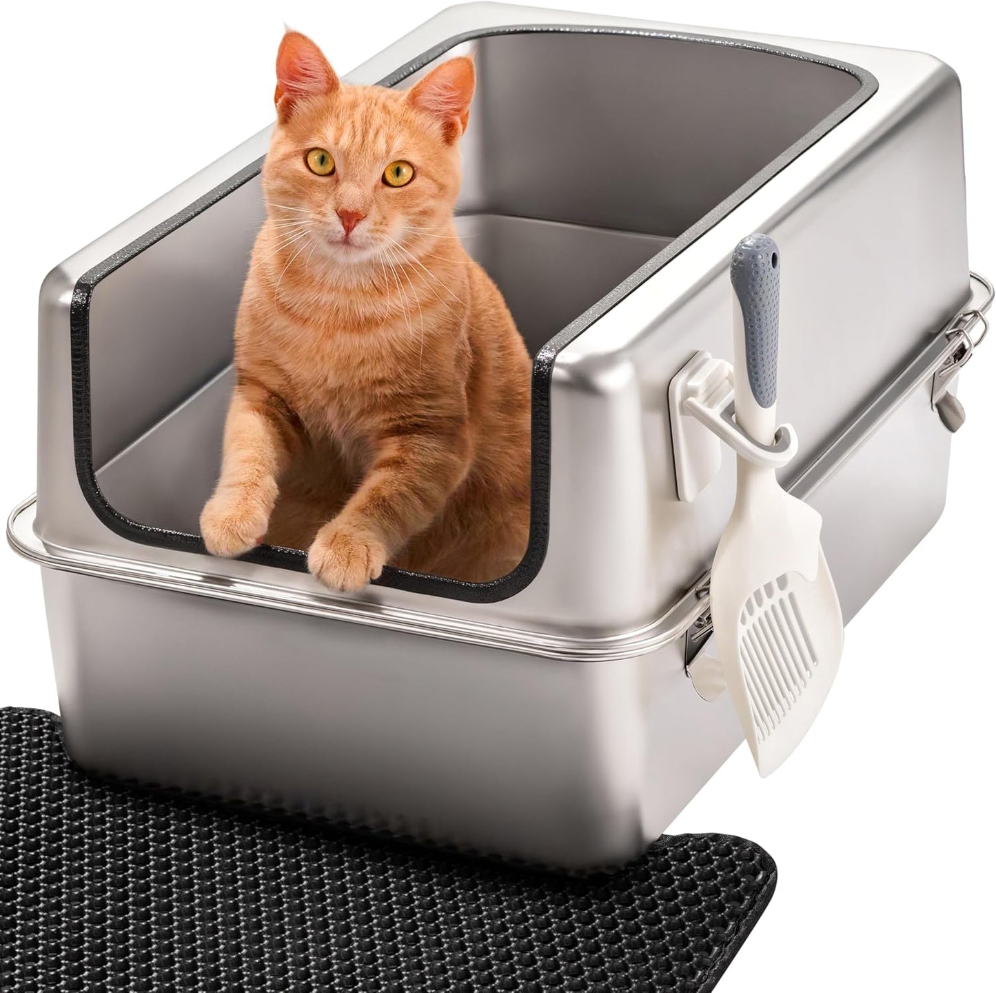 Katzenklo Edelstahl XXL – Leicht zu Reinigen, Geruchsresistent – Katzentoilette Edelstahl mit hohem Rand – 38L Fassungsvermögen – Auslaufsicher und Antihaftbeschichtet – Mit Schaufel & Matte