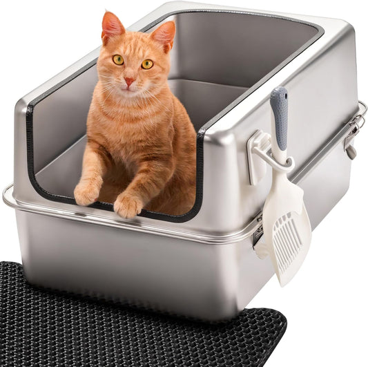 Katzenklo Edelstahl XXL – Leicht zu Reinigen, Geruchsresistent – Katzentoilette Edelstahl mit hohem Rand – 38L Fassungsvermögen – Auslaufsicher und Antihaftbeschichtet – Mit Schaufel & Matte