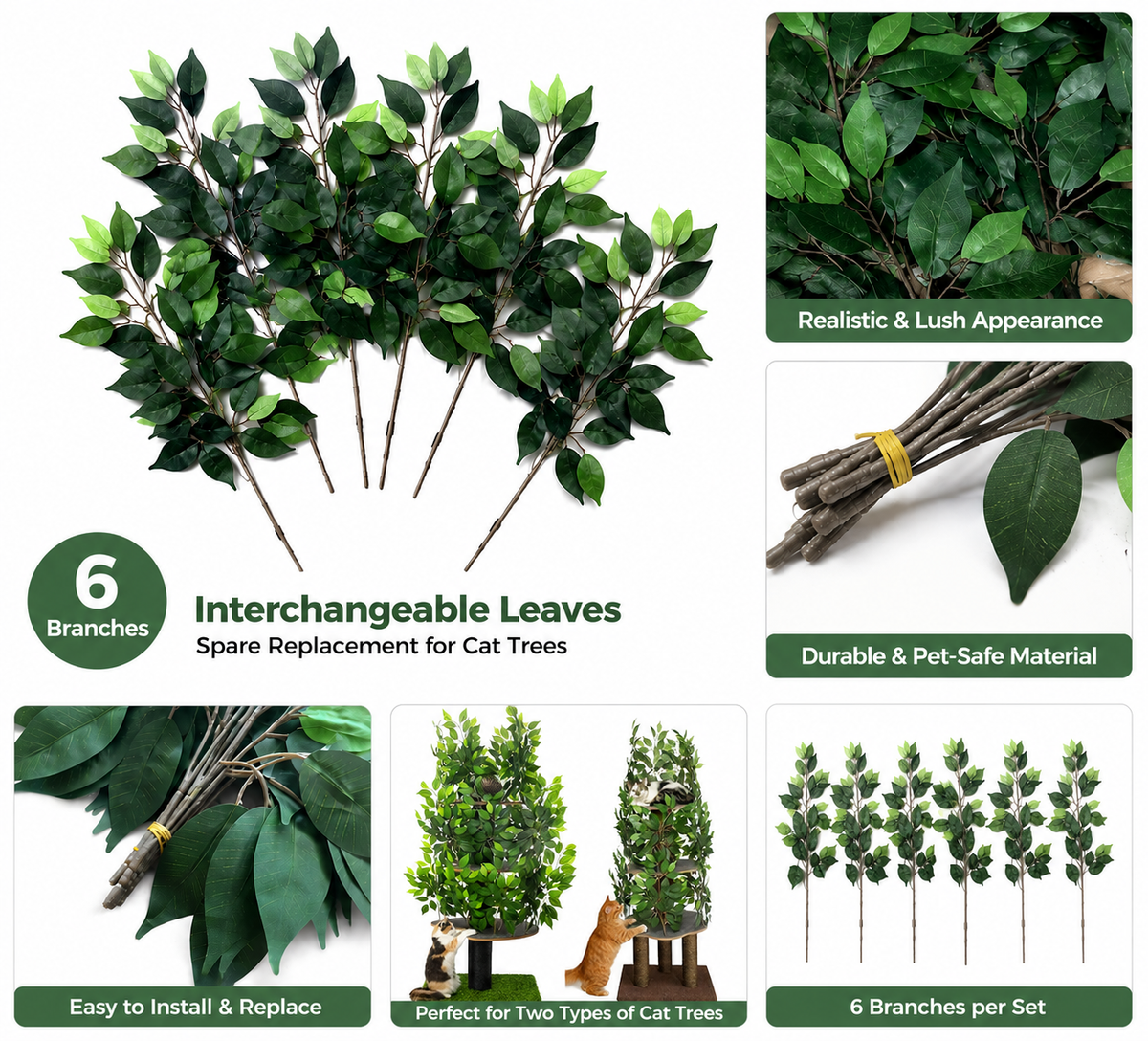 PriorPet Cat Tree – Detachable Replacement Leaves (6 Pieces) – Artificial Leaf Branches for Cat Trees – Easy to Install & Replace – Green